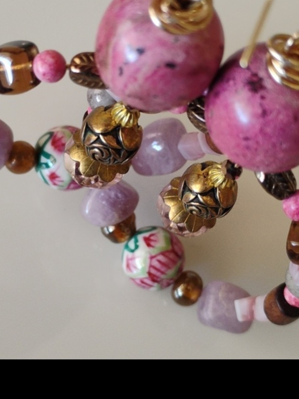 Pink Multi-Bead Women's Bracelet with Floral Porcelain Accents